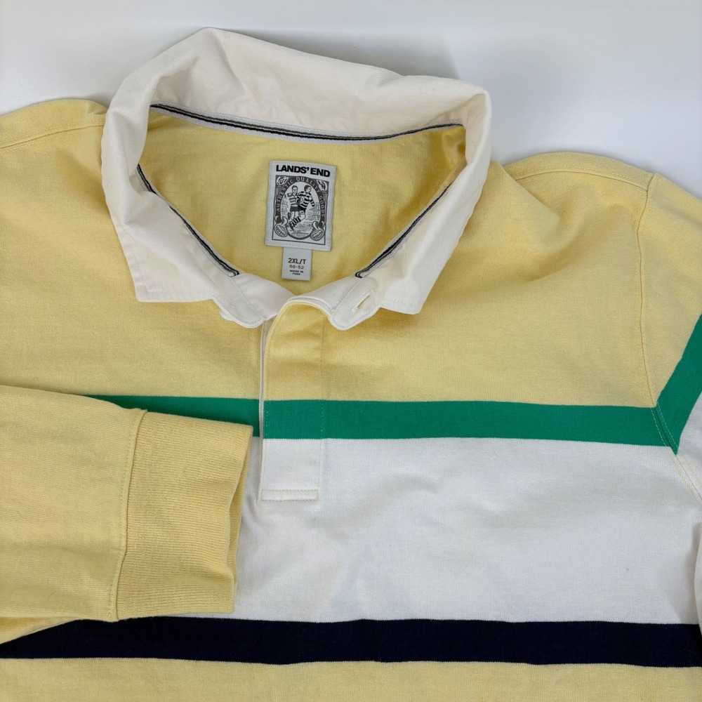 Lands End‎ Mens 2XLT Rugby Shirt Yellow Striped Long Sleeve Cotton Polo 512889